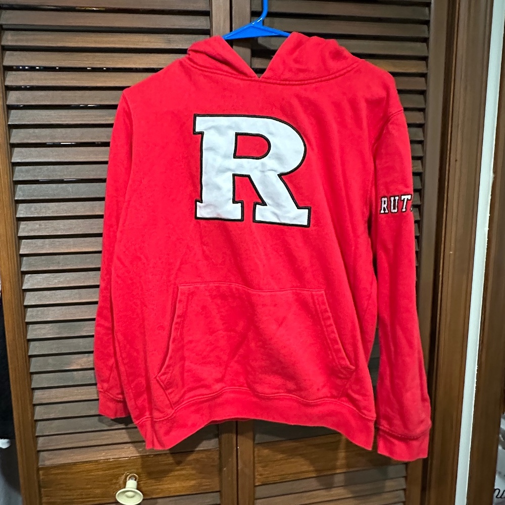 Red Rutgers Hoodie, Size L (16-18), Colosseum, good condition.